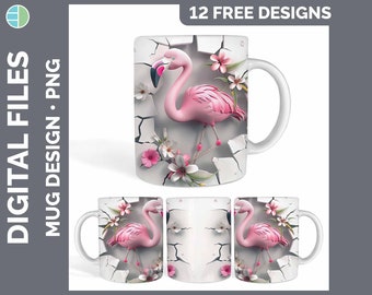 3D Hole in the Wall Flamingo Mug Wrap | Sublimation Coffee Cup Designs