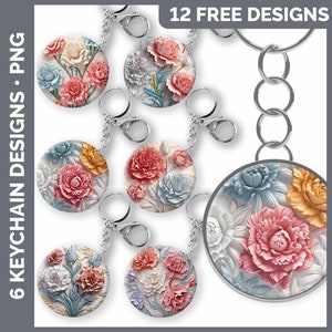 May include: Twelve free designs for printable keychains featuring floral patterns with pink, white, and blue flowers. The designs are perfect for crafting and personalization.