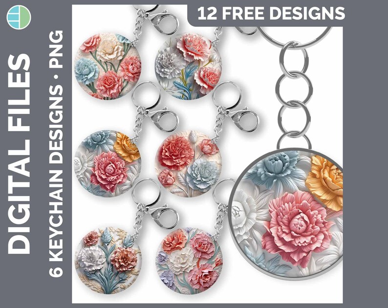 May include: Twelve free designs for printable keychains featuring floral patterns with pink, white, and blue flowers. The designs are perfect for crafting and personalization.