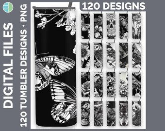 Linocut Tumbler Wrap PNG Bundle, 120 Black White Sublimation Designs, Botanical Wildlife Digital Download, Tumbler Mega Bundle