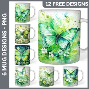 Green Butterfly Mug Wrap PNG Sublimation Design Bundle | Watercolor Coffee Cup Instant Download