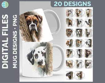 Tree Peek Dog Mug Wrap PNG Bundle, 20 Sublimation Designs, French Bulldog Corgi Husky Download, Dog Lover Mug Art