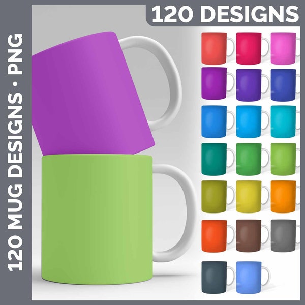 Solid Color Mug Bundle Sublimation | Plain Coffee Cup Background PNG | Pink • Red • Orange • Yellow • Blue • Green • Purple • Black