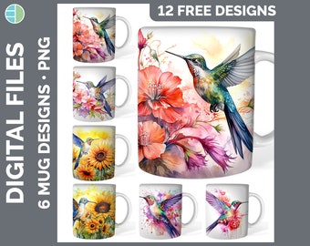 Watercolor Hummingbird Mug Wrap PNG Sublimation Design Bundle | Sunflower Coffee Cup Instant Download