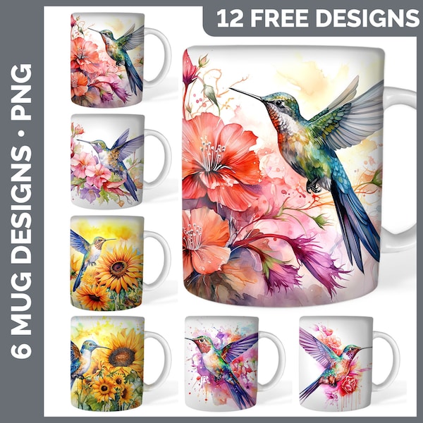 Watercolor Hummingbird Mug Wrap PNG Sublimation Design Bundle | Sunflower Coffee Cup Instant Download