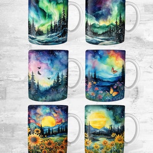 K&ouml;nnte beinhalten: Sechs Sublimations-Becherdesigns mit Aquarell-Landschaften mit Sternenhimmel, Nordlichtern, Schmetterlingen, Sonnenblumen und Vollmond. Die Becher sind wei&szlig; mit schwarzem Henkel.