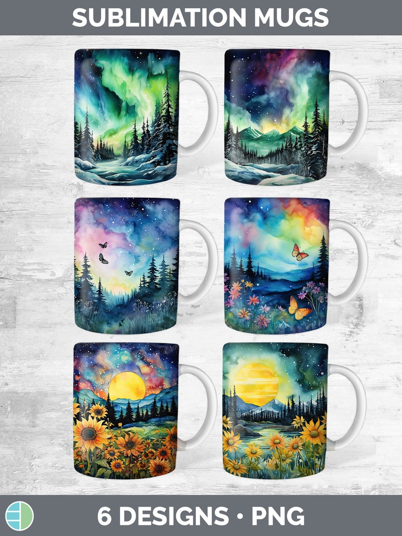 K&ouml;nnte beinhalten: Sechs Sublimations-Becherdesigns mit Aquarell-Landschaften mit Sternenhimmel, Nordlichtern, Schmetterlingen, Sonnenblumen und Vollmond. Die Becher sind wei&szlig; mit schwarzem Henkel.