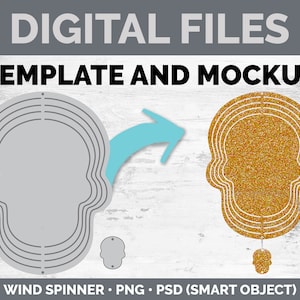 Op de afbeelding: Digitaal bestand sjabloon en mockup van een schedelvormige windspinner. Het ontwerp heeft een grijze sjabloon en een glitterende oranje versie. De tekst "DIGITAL FILES" en "TEMPLATE AND MOCKUP" staan bovenaan. De onderste tekst luidt "WIND SPINNER • PNG • PSD (SMART OBJECT)".
