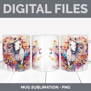 May include: A white ceramic mug with a colorful watercolor design of a white horse running through a field of flowers. The horse has a flowing mane and tail, and the flowers are in shades of pink, purple, yellow, and blue. The mug is a sublimation design, meaning the image is printed directly onto the mug.