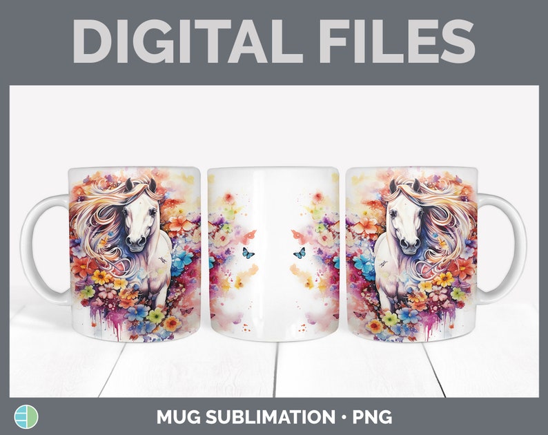 May include: A white ceramic mug with a colorful watercolor design of a white horse running through a field of flowers. The horse has a flowing mane and tail, and the flowers are in shades of pink, purple, yellow, and blue. The mug is a sublimation design, meaning the image is printed directly onto the mug.