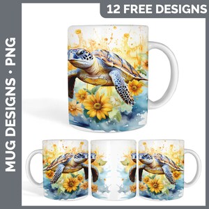May include: A white ceramic mug with a watercolor design of a sea turtle swimming in a blue and yellow floral pattern. The text "12 FREE DESIGNS" is at the top of the mug.