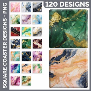 May include: 120 digital designs for square coasters. The designs feature abstract marble patterns in various colors, including green, blue, purple, pink, and gold.