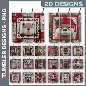 May include: A collection of 20 digital tumbler designs featuring various woodland animals set against festive red and green patchwork patterns. The graphics include illustrations of bears, deer, raccoons, and rabbits, with the text 20 DESIGNS.