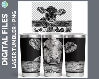 Cottage Cow Tumbler Laser Engrave PNG, Wildflower, Full Wrap Design for 20oz Tumbler, Digital Download Seamless Design For Rotary