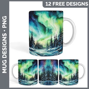 K&ouml;nnte beinhalten: Ein Set mit vier Becherdesigns, die eine Aquarellmalerei eines schneebedeckten Waldes mit einem gr&uuml;n-blauen Nordlicht am Himmel zeigen. Die Designs sind perfekt f&uuml;r den Sublimationsdruck.