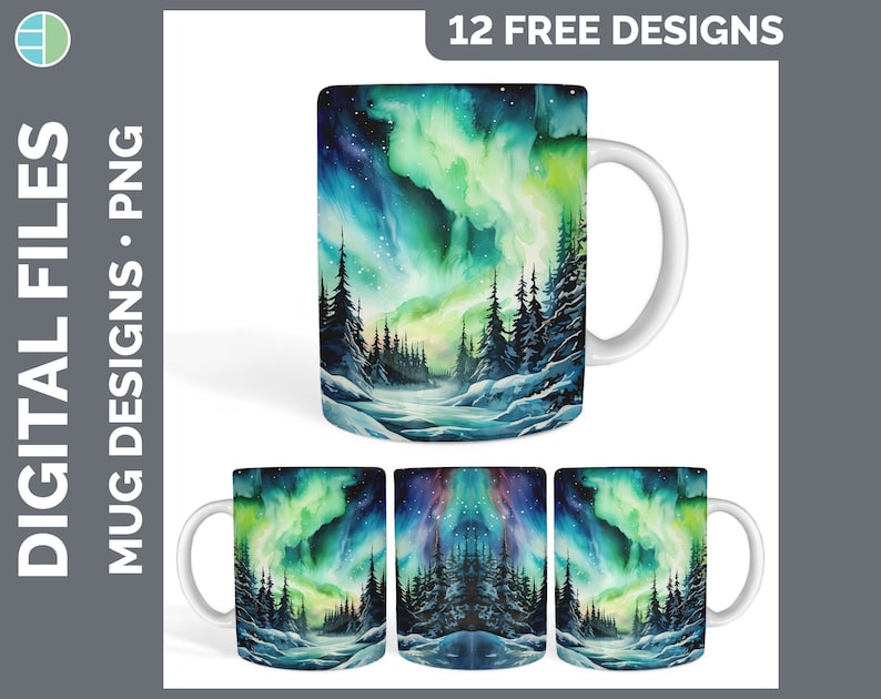 K&ouml;nnte beinhalten: Ein Set mit vier Becherdesigns, die eine Aquarellmalerei eines schneebedeckten Waldes mit einem gr&uuml;n-blauen Nordlicht am Himmel zeigen. Die Designs sind perfekt f&uuml;r den Sublimationsdruck.