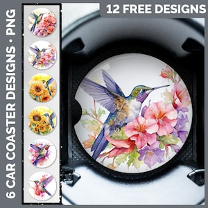 May include: Twelve free designs for car coasters featuring a hummingbird with pink, purple, and green flowers. The designs are available as digital files in PNG format.