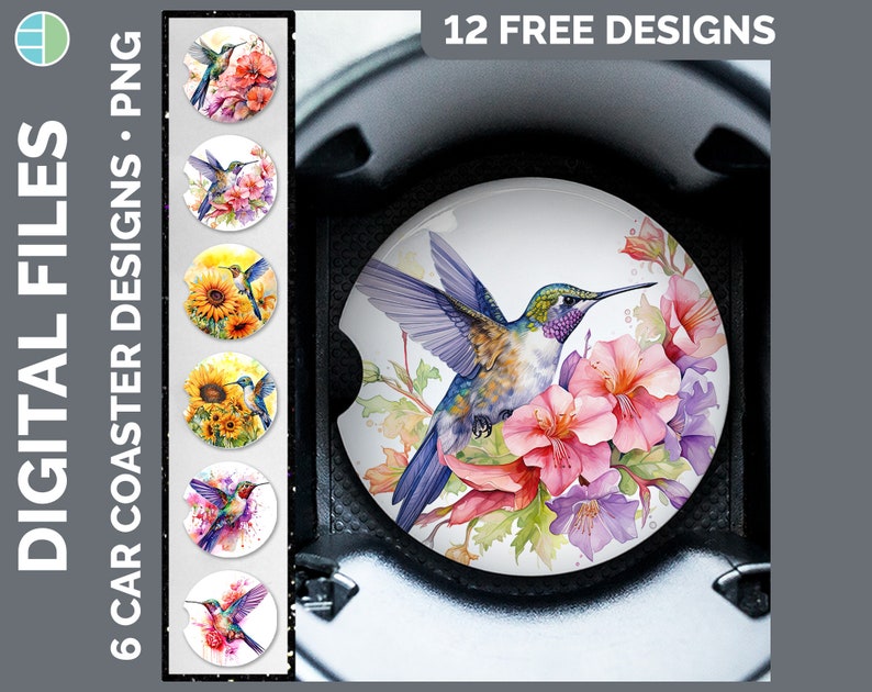 May include: Twelve free designs for car coasters featuring a hummingbird with pink, purple, and green flowers. The designs are available as digital files in PNG format.