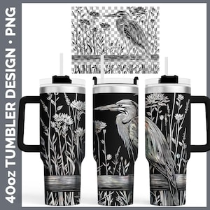 Cottage Birds Great Blue Heron Tumbler Laser Engrave PNG, Pełny projekt opakowania na kubek 40 uncji, Cyfrowy projekt do pobrania na kubek obrotowy