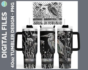 Cottage Birds Great Blue Heron Tumbler Laser Engrave PNG, Full Wrap Design for 40oz Tumbler, Digital Download Design For Rotary