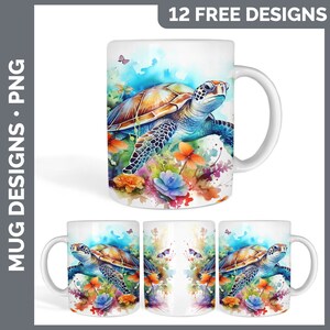 May include: A white ceramic mug with a colorful watercolor design of a sea turtle swimming in a field of flowers. The turtle is green, blue, and brown with a yellow shell. The flowers are pink, orange, and yellow. The mug has a handle on the right side.