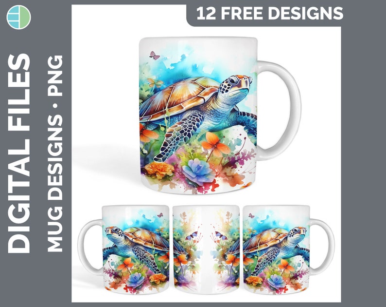 May include: A white ceramic mug with a colorful watercolor design of a sea turtle swimming in a field of flowers. The turtle is green, blue, and brown with a yellow shell. The flowers are pink, orange, and yellow. The mug has a handle on the right side.