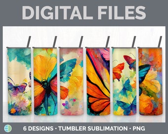 Rainbow Butterflies Tumbler Bundle, Sublimation, Flower 20 oz Skinny Tumbler Designs, Add a Name, Splash Tumbler Background Instant Download