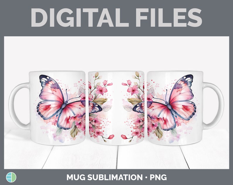 Pu&ograve; includere: Un design di sublimazione con una farfalla rosa con fiori ad acquerello su una tazza bianca. Il design &egrave; perfetto per creare tazze personalizzate.