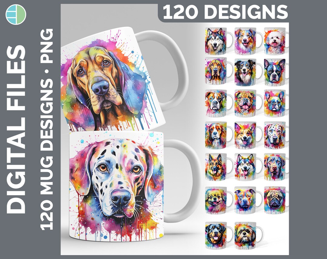 Rainbow Dog Mug Wrap PNG Bundle, 120 Watercolor Dog Breed Sublimation ...