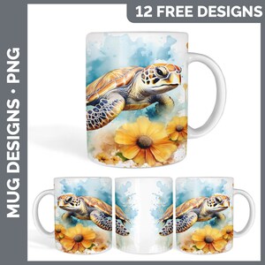 May include: A white ceramic mug with a watercolor design of a sea turtle swimming in a blue and green ocean with yellow flowers. The mug has a handle on the right side.