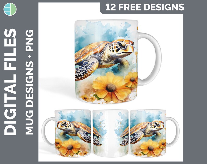 May include: A white ceramic mug with a watercolor design of a sea turtle swimming in a blue and green ocean with yellow flowers. The mug has a handle on the right side.