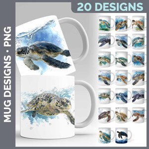Könnte beinhalten: Eine Sammlung von 20 digitalen Tassendesigns mit Aquarellillustrationen von Meeresschildkröten, die in blauem Wasser schwimmen. Die Grafiken zeigen verschiedene Posen der Schildkröten und Unterwasserszenen als PNG-Dateien für weiße Tassen.
