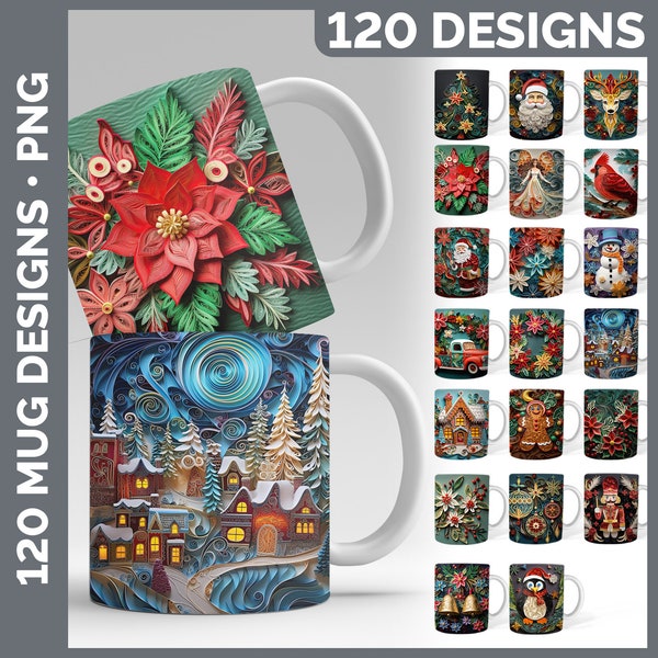 120 ornamenti di Natale Mug Wrap PNG Bestseller Sublimation Designs Mega Bundle / Paper Quilled Coffee Cup ENORME Bundle Download