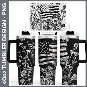 Wildflowers USA Flag Tumbler Laser Engrave PNG, Full Wrap Design for 40oz Tumbler, Digital Download Design For Rotary