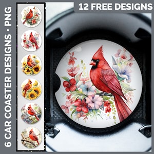 May include: Six digital designs for car coasters featuring a red cardinal bird with flowers. The designs are available for free download. 12 FREE DESIGNS.