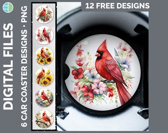 Watercolor Cardinal Car Coaster | Sublimation Drink Mat Designs