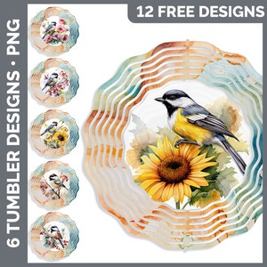 May include: Twelve free designs for sublimation tumblers featuring watercolor illustrations of birds and flowers. The designs include a sunflower, a bird, and a variety of flowers.