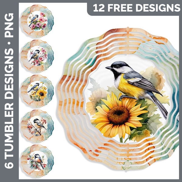 Aquarell Chickadee Wind Spinner | Sublimation Bird Designs Bundle | Sonnenblumen Wind Spinner Sublimation PNG Download