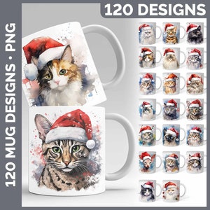 May include: White ceramic mugs with watercolour paintings of cats in Santa hats. The mugs showcase diverse cat breeds with festive holiday designs. The image also includes the text "DIGITAL FILES 120 MUG DESIGNS • PNG".