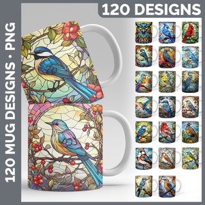 May include: 120 stained glass bird designs for mugs. The designs feature a variety of birds, including bluebirds, cardinals, owls, and robins. The designs are perfect for creating unique and personalized mugs.