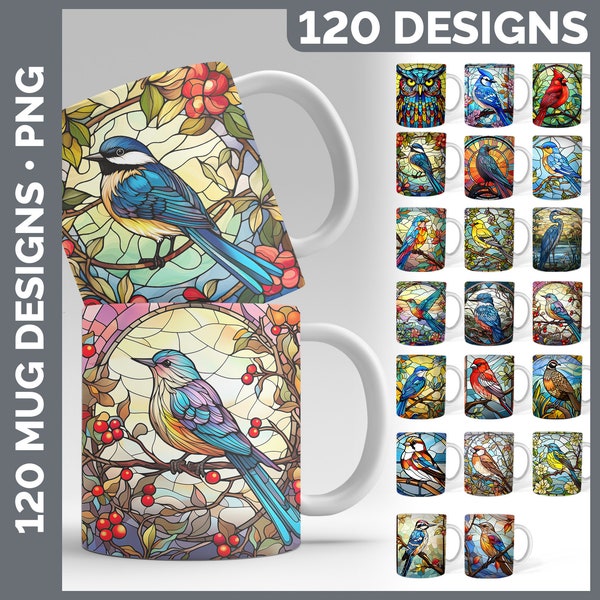 Stained Glass Birds Mug Wrap Sublimation | Style Set 1 of 2 | 120 Instant Digital Download PNG