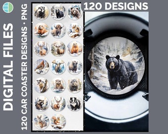 Winter Woodland Animals Car Coaster PNG Sublimation Designs Mega Bundle | Style Set 1 | Snow Fall HUGE Bundle Download | Moose Bear Deer