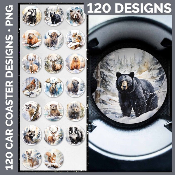 Winter Woodland Animals Car Coaster PNG Sublimation Designs Mega Bundle | Style Set 1 | Snow Fall HUGE Bundle Download | Moose Bear Deer