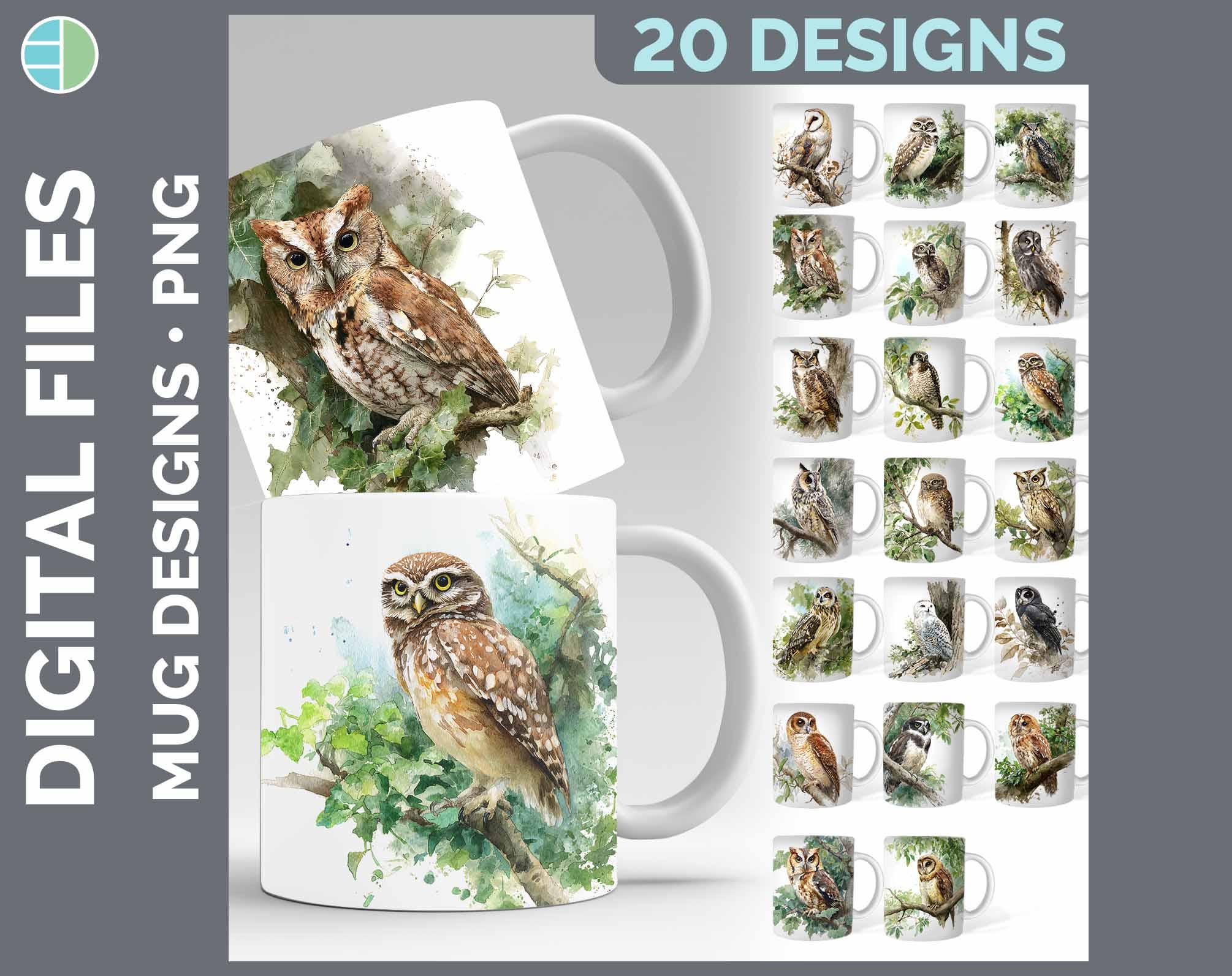 Watercolor Owl Mug Wrap PNG Bundle, 20 Botanical Sublimation Designs, Barn Owl Snowy Owl Great Horne