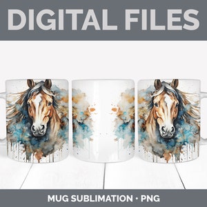 May include: A sublimation design featuring a watercolor painting of a brown horse with a white blaze on its face. The horse's mane and tail are flowing in the wind. The background is a blue and brown watercolor wash.