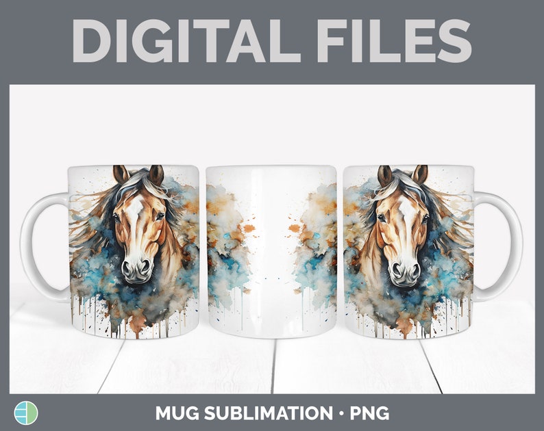 May include: A sublimation design featuring a watercolor painting of a brown horse with a white blaze on its face. The horse's mane and tail are flowing in the wind. The background is a blue and brown watercolor wash.