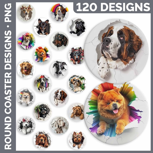 3D Dog Coaster Bundle Sublimation PNG Sublimation Designs | Style Set 1 of 3 | Dog Breed Round Coasters HUGE Bundle Download