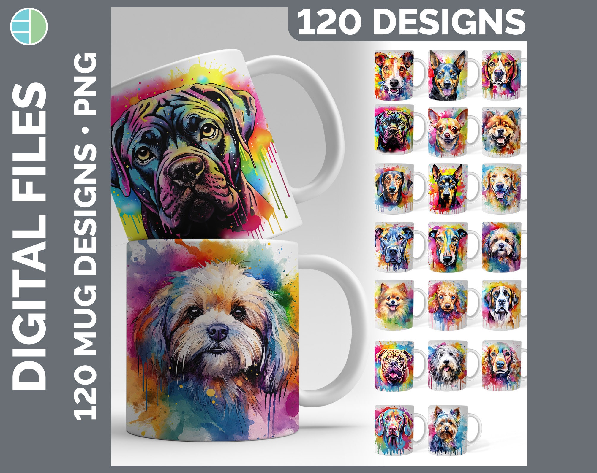 120 Regenbogen Hund Mug Wraps PNG | Style Set 1 von 4 | Sofortiger digitaler Download | 120 Hunderasse Kaffeetasse Huge Bundle Sublimation