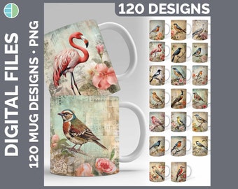 Vintage Bird Mug Mega Bundle Sublimation Download | Style Set 2 | 120 Sublimate Designs | Junk Journal Hummingbirds • Owl Mug Wraps PNG