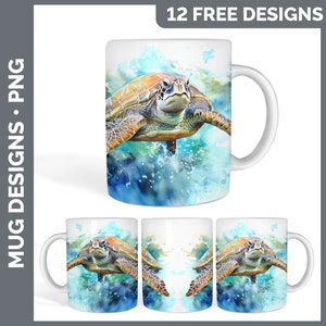May include: A white ceramic mug with a watercolor design of a sea turtle swimming in blue water. The turtle is brown and green with a light brown shell. The design is surrounded by blue and white watercolor splatters.